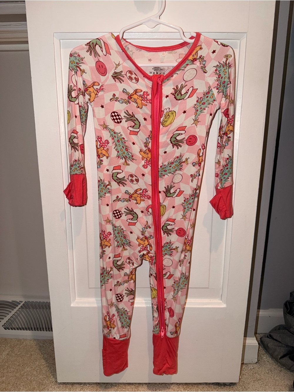 Girls Pink Grinch Holiday Print Zip-Front One-Piece Pajamas